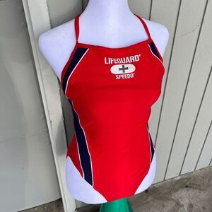 Vintage Y2K Speedo Lifeguard Swimsuit 8/34 Strappy One-Piece 90s Red Navy
